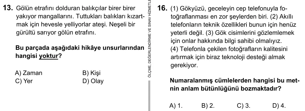 5. Sınıf Türkçe 2017 İOKBS Bursluluk Sınavı 16. Soru görseli