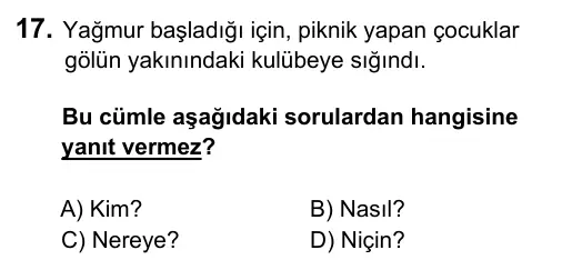 5. Sınıf Türkçe 2017 İOKBS Bursluluk Sınavı 17. Soru görseli