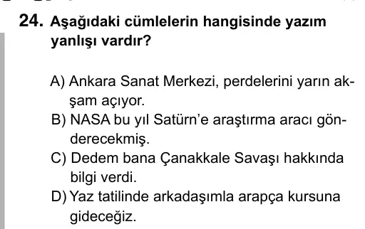 5. Sınıf Türkçe 2017 İOKBS Bursluluk Sınavı 24. Soru görseli