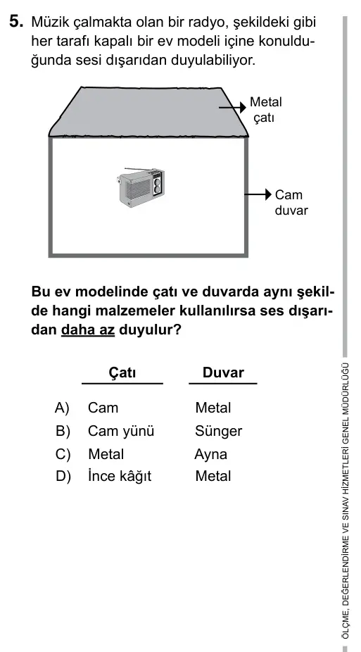 6. Sınıf Fen Bilimleri 2017 İOKBS Bursluluk Sınavı 5. Soru görseli
