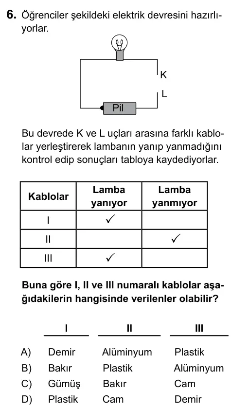 6. Sınıf Fen Bilimleri 2017 İOKBS Bursluluk Sınavı 6. Soru görseli