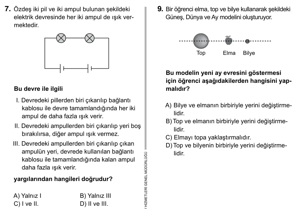 6. Sınıf Fen Bilimleri 2017 İOKBS Bursluluk Sınavı 7. Soru görseli