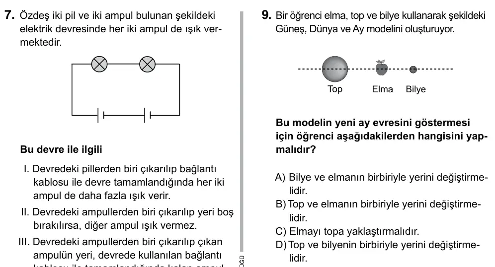 6. Sınıf Fen Bilimleri 2017 İOKBS Bursluluk Sınavı 9. Soru görseli