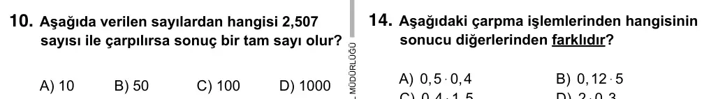 6. Sınıf Matematik 2017 İOKBS Bursluluk Sınavı 10. Soru görseli