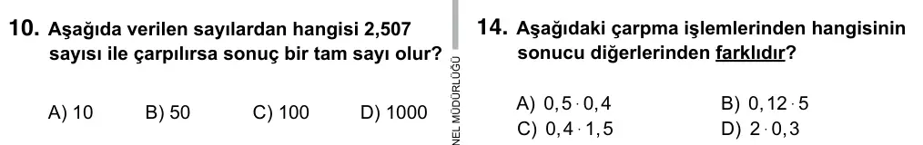 6. Sınıf Matematik 2017 İOKBS Bursluluk Sınavı 14. Soru görseli