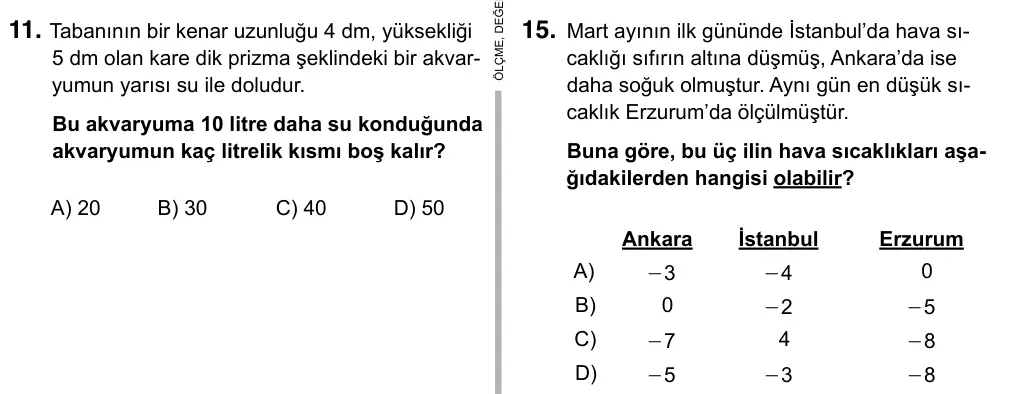 6. Sınıf Matematik 2017 İOKBS Bursluluk Sınavı 15. Soru görseli