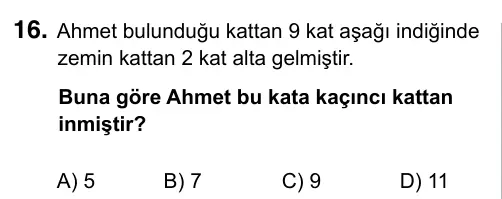 6. Sınıf Matematik 2017 İOKBS Bursluluk Sınavı 16. Soru görseli