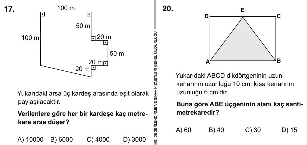 6. Sınıf Matematik 2017 İOKBS Bursluluk Sınavı 17. Soru görseli