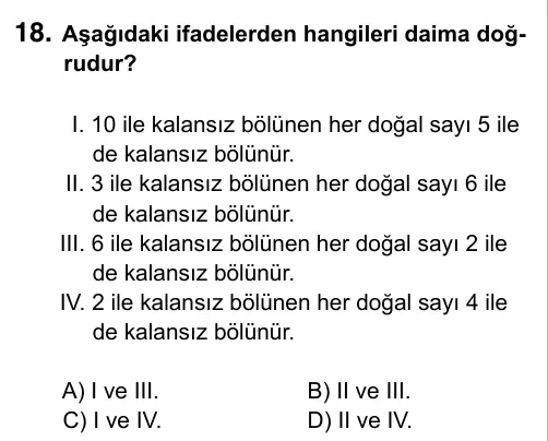 6. Sınıf Matematik 2017 İOKBS Bursluluk Sınavı 18. Soru görseli