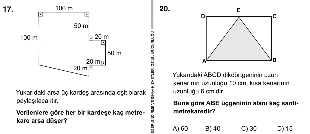 6. Sınıf Matematik 2017 İOKBS Bursluluk Sınavı 20. Soru görseli