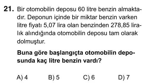 6. Sınıf Matematik 2017 İOKBS Bursluluk Sınavı 21. Soru görseli
