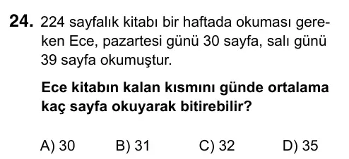 6. Sınıf Matematik 2017 İOKBS Bursluluk Sınavı 24. Soru görseli