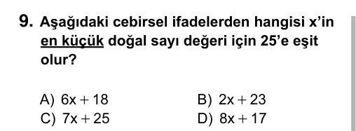 6. Sınıf Matematik 2017 İOKBS Bursluluk Sınavı 9. Soru görseli
