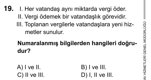 6. Sınıf Sosyal Bilgiler 2017 İOKBS Bursluluk Sınavı 19. Soru görseli
