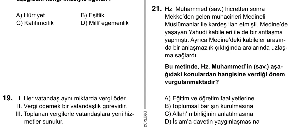 6. Sınıf Sosyal Bilgiler 2017 İOKBS Bursluluk Sınavı 21. Soru görseli