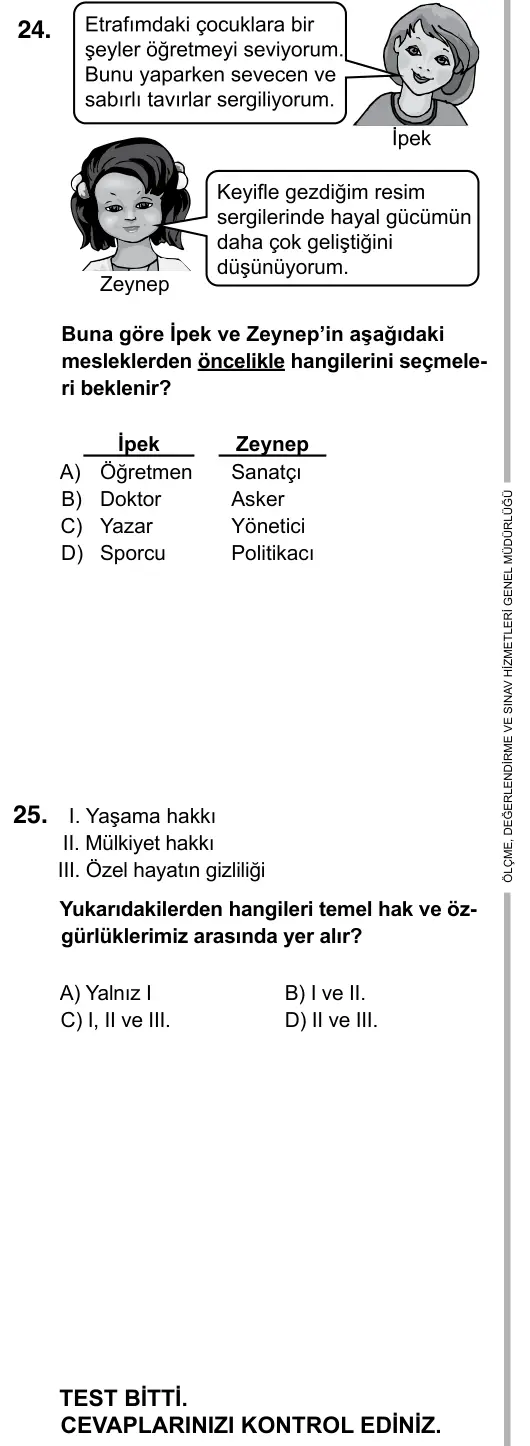 6. Sınıf Sosyal Bilgiler 2017 İOKBS Bursluluk Sınavı 25. Soru görseli (2/3)