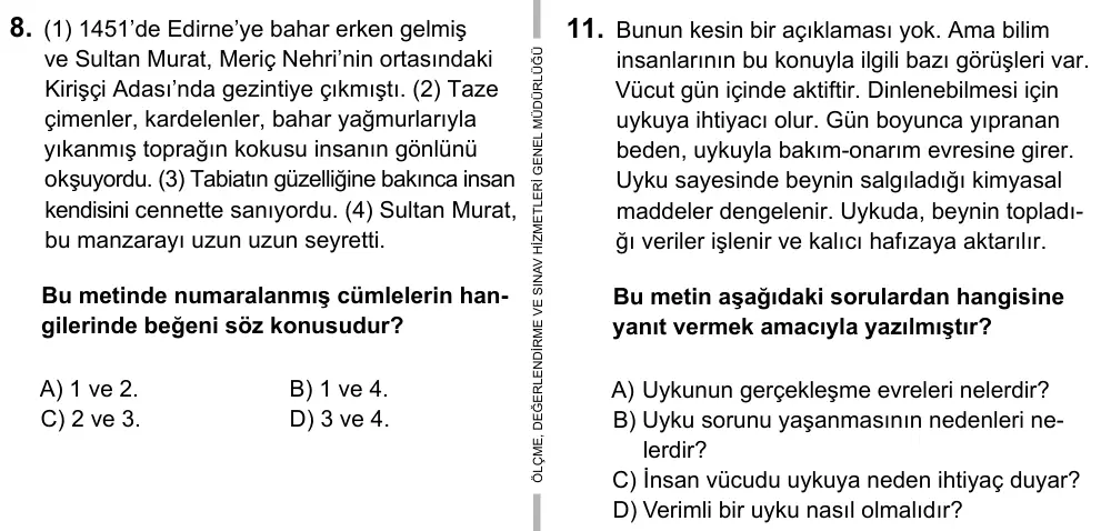 6. Sınıf Türkçe 2017 İOKBS Bursluluk Sınavı 11. Soru görseli