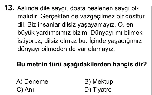 6. Sınıf Türkçe 2017 İOKBS Bursluluk Sınavı 13. Soru görseli