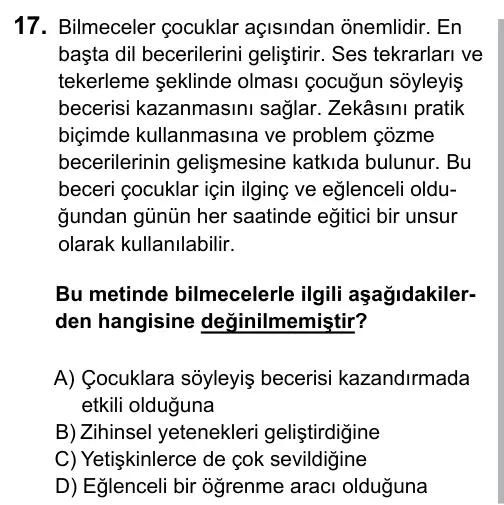 6. Sınıf Türkçe 2017 İOKBS Bursluluk Sınavı 17. Soru görseli