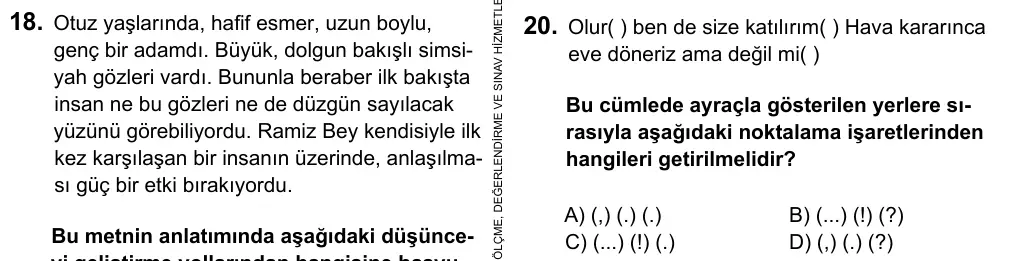 6. Sınıf Türkçe 2017 İOKBS Bursluluk Sınavı 20. Soru görseli