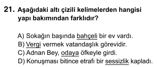 6. Sınıf Türkçe 2017 İOKBS Bursluluk Sınavı 21. Soru görseli