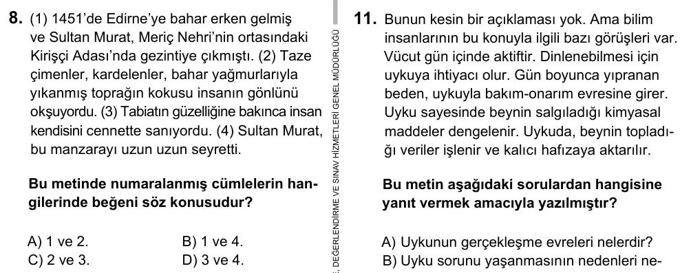 6. Sınıf Türkçe 2017 İOKBS Bursluluk Sınavı 8. Soru görseli