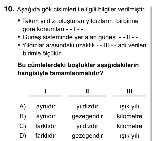 7. Sınıf Fen Bilimleri 2017 İOKBS Bursluluk Sınavı 10. Soru görseli