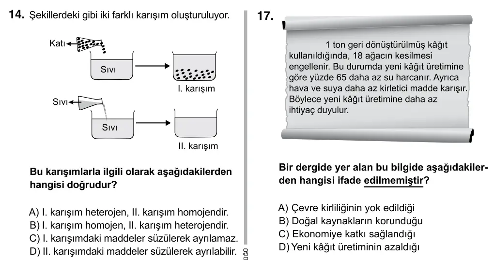 7. Sınıf Fen Bilimleri 2017 İOKBS Bursluluk Sınavı 14. Soru görseli
