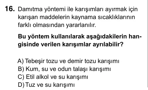7. Sınıf Fen Bilimleri 2017 İOKBS Bursluluk Sınavı 16. Soru görseli