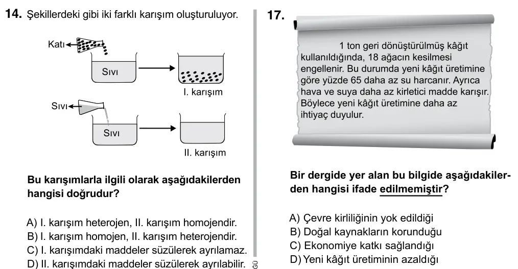 7. Sınıf Fen Bilimleri 2017 İOKBS Bursluluk Sınavı 17. Soru görseli