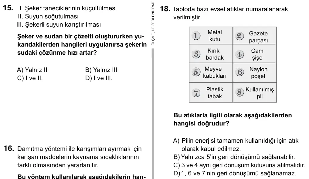 7. Sınıf Fen Bilimleri 2017 İOKBS Bursluluk Sınavı 18. Soru görseli