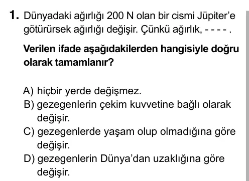 7. Sınıf Fen Bilimleri 2017 İOKBS Bursluluk Sınavı 1. Soru görseli