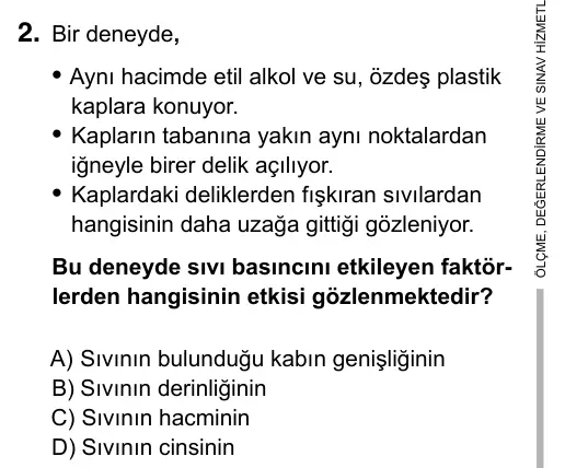 7. Sınıf Fen Bilimleri 2017 İOKBS Bursluluk Sınavı 2. Soru görseli