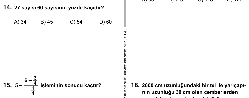 7. Sınıf Matematik 2017 İOKBS Bursluluk Sınavı 14. Soru görseli