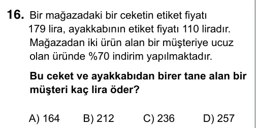7. Sınıf Matematik 2017 İOKBS Bursluluk Sınavı 16. Soru görseli