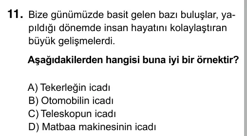 7. Sınıf Sosyal Bilgiler 2017 İOKBS Bursluluk Sınavı 11. Soru görseli (1/2)