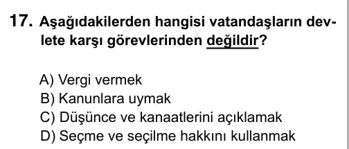 7. Sınıf Sosyal Bilgiler 2017 İOKBS Bursluluk Sınavı 17. Soru görseli