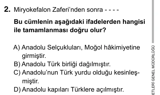 7. Sınıf Sosyal Bilgiler 2017 İOKBS Bursluluk Sınavı 2. Soru görseli