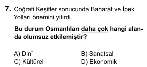 7. Sınıf Sosyal Bilgiler 2017 İOKBS Bursluluk Sınavı 7. Soru görseli