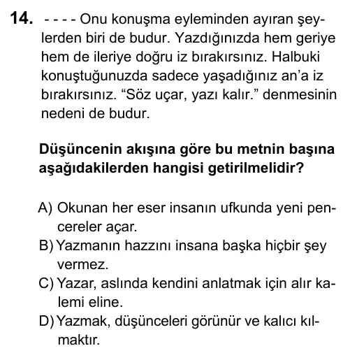 7. Sınıf Türkçe 2017 İOKBS Bursluluk Sınavı 14. Soru görseli