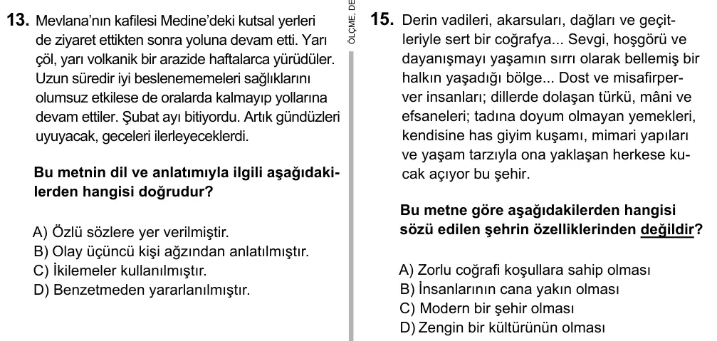7. Sınıf Türkçe 2017 İOKBS Bursluluk Sınavı 15. Soru görseli
