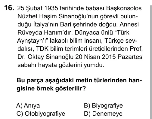 7. Sınıf Türkçe 2017 İOKBS Bursluluk Sınavı 16. Soru görseli