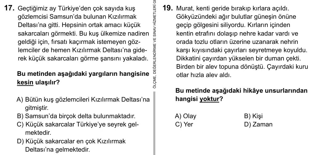 7. Sınıf Türkçe 2017 İOKBS Bursluluk Sınavı 17. Soru görseli
