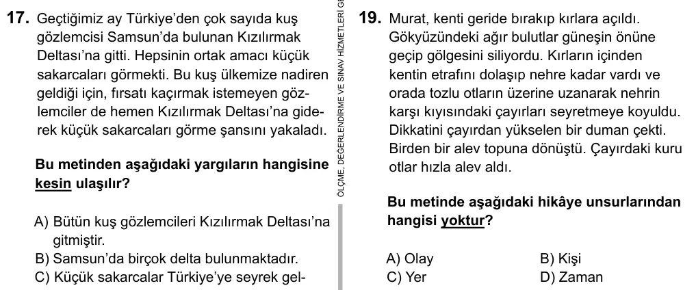 7. Sınıf Türkçe 2017 İOKBS Bursluluk Sınavı 19. Soru görseli