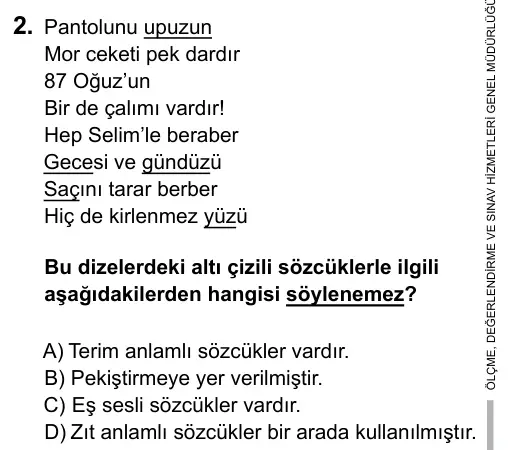 7. Sınıf Türkçe 2017 İOKBS Bursluluk Sınavı 2. Soru görseli