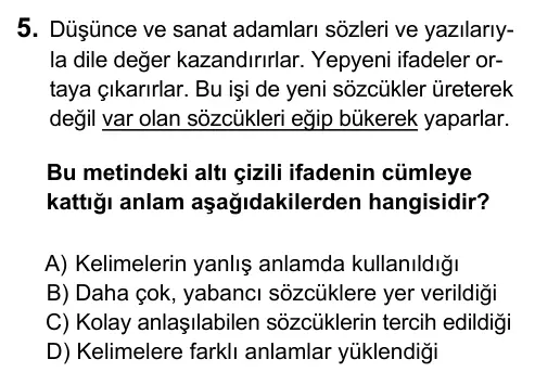 7. Sınıf Türkçe 2017 İOKBS Bursluluk Sınavı 5. Soru görseli
