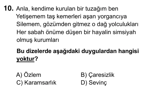9, 10, 11. Sınıf Türk Dili ve Edebiyatı 2017 İOKBS Bursluluk Sınavı 10. Soru görseli