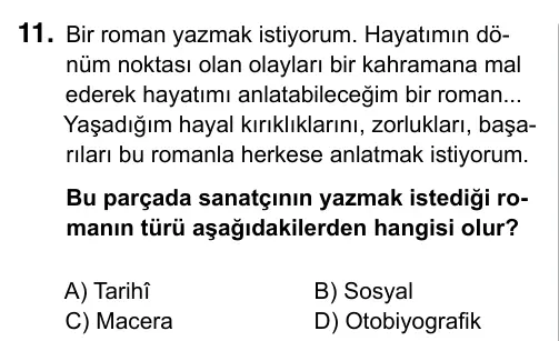9, 10, 11. Sınıf Türk Dili ve Edebiyatı 2017 İOKBS Bursluluk Sınavı 11. Soru görseli