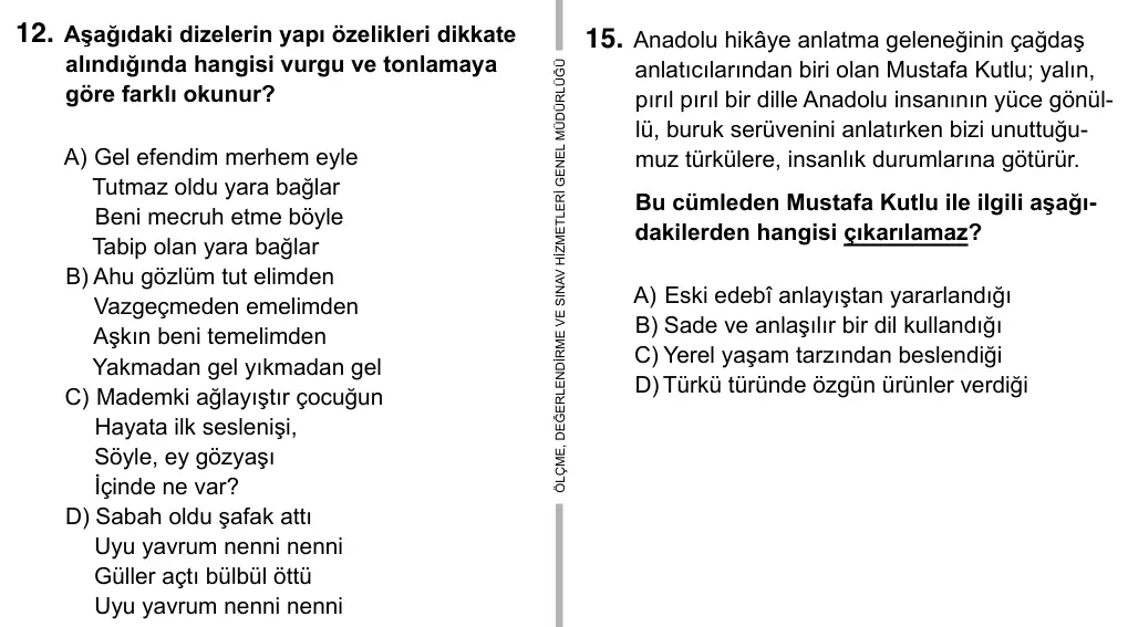 9, 10, 11. Sınıf Türk Dili ve Edebiyatı 2017 İOKBS Bursluluk Sınavı 12. Soru görseli