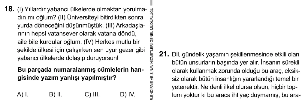 9, 10, 11. Sınıf Türk Dili ve Edebiyatı 2017 İOKBS Bursluluk Sınavı 18. Soru görseli